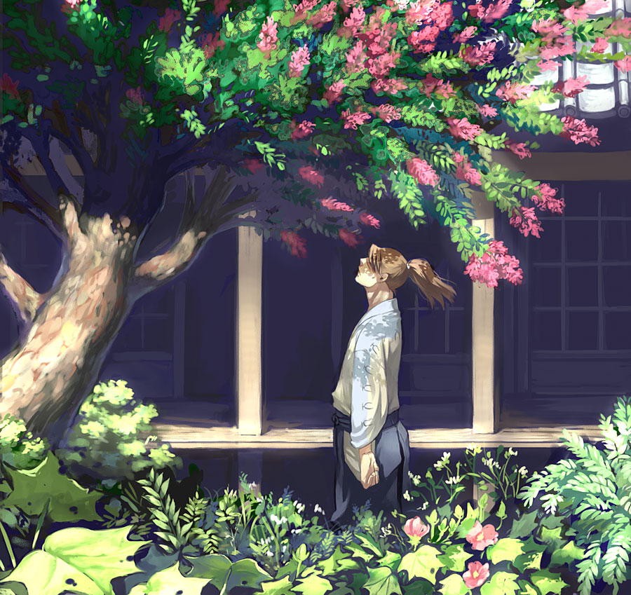 1boy, architecture, brown_hair, closed_mouth, clothing_cutout, covered_eyes, dappled_sunlight, east_asian_architecture
