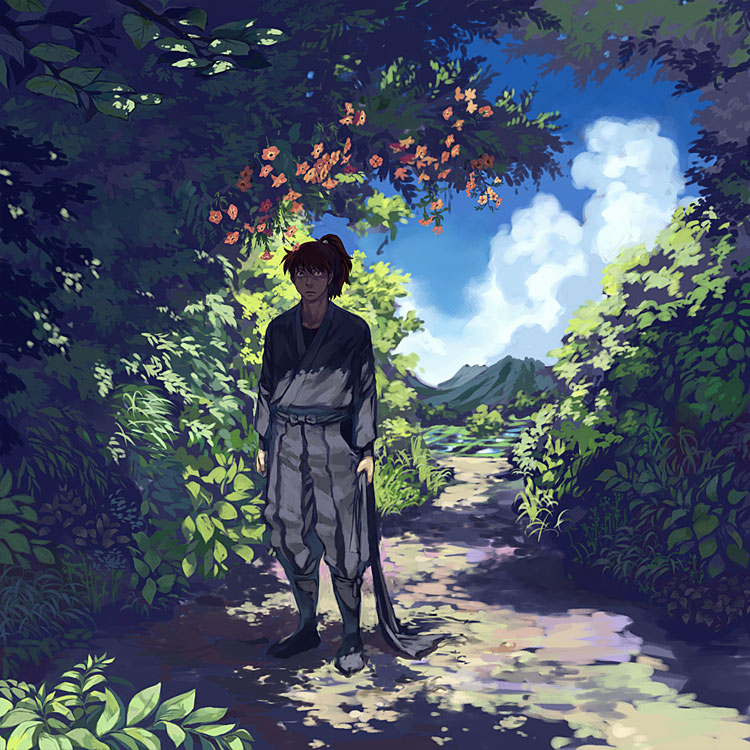 1boy, bush, cloud, day, doi_hansuke, flower, japanese_clothes, kanoe_(tera), long_hair, looking_at_viewer, male_focus, mountain, ninja, outdoors, ponytail, rakudai_ninja_rantarou, scenery, solo, standing, tree_shade