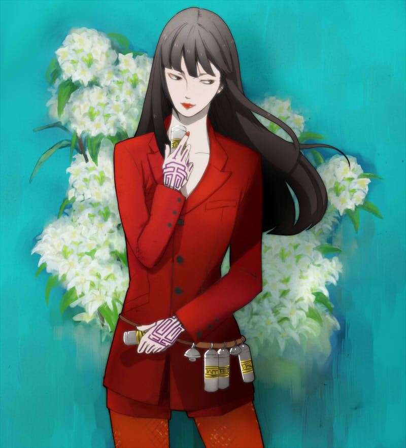 1girl, black_hair, devil_summoner_(series), devil_summoner:_soul_hackers, female_focus, flower, hamu_(wt-bix), long_hair