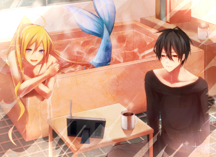 2boys, ahoge, bathtub, black_hair, blonde_hair, blue_eyes, blush, cup