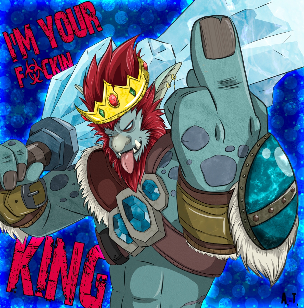 1boy, a.-t., abs, beard, biohazard_symbol, blue_skin, colored_skin, crown