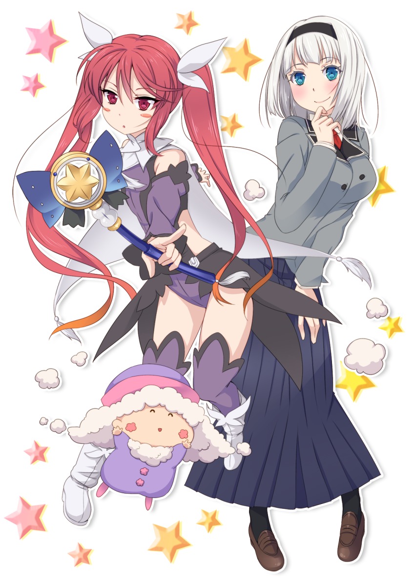 3girls, :o, anna_nishikinomiya, aqua_eyes, black_legwear, blush, blush_stickers, boots, breasts, cape, cosplay, crossover, cthugha_(nyaruko-san), fate/kaleid_liner_prisma_illya, fate_(series), gloves, hair_ribbon, hairband, haiyore!_nyaruko-san, highres, kaleido_sapphire, ko_yu, large_breasts, loafers, long_hair, long_skirt, luviagelita_edelfelt, magical_sapphire, matsuki_miyu, mirumo_de_pon!, miyu_edelfelt, miyu_edelfelt_(cosplay), miyu_edelfelt_(magical_girl), multiple_crossover, multiple_girls, pantyhose, pikumo, red_eyes, red_hair, ribbon, school_uniform, shimoneta_to_iu_gainen_ga_sonzai_shinai_taikutsu_na_sekai, shoes, short_hair, silver_hair, skirt, smile, thighhighs, twintails, voice_actor_connection, wand