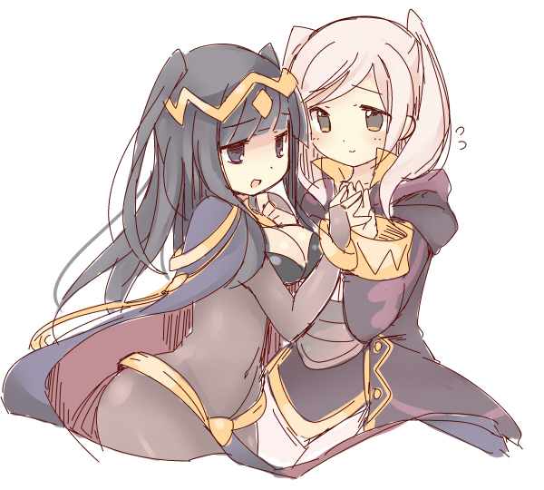 2girls, bad_id, bad_pixiv_id, black_eyes, black_hair, bodysuit, bracelet, breasts, bridal_gauntlets, cape, cleavage, covered_navel, eye_contact, female_robin_(fire_emblem), fire_emblem, fire_emblem_awakening, flying_sweatdrops, holding_hands, jewelry, long_hair, looking_at_another, multiple_girls, nintendo, robe, teu_(navy), tharja_(fire_emblem), tiara, twintails, two_side_up, white_background, white_hair, yuri