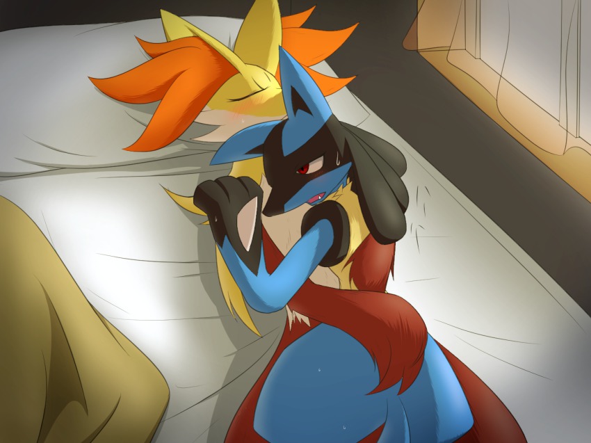 animal_ear_fluff, aoinu111, bad_id, bad_pixiv_id, bed, blanket, blush, closed_eyes, delphox, furry, gen_4_pokemon, gen_6_pokemon, hug, lucario, nintendo, pillow, pokemon, pokemon_(creature), red_eyes, sleeping, sunlight, sweatdrop, window