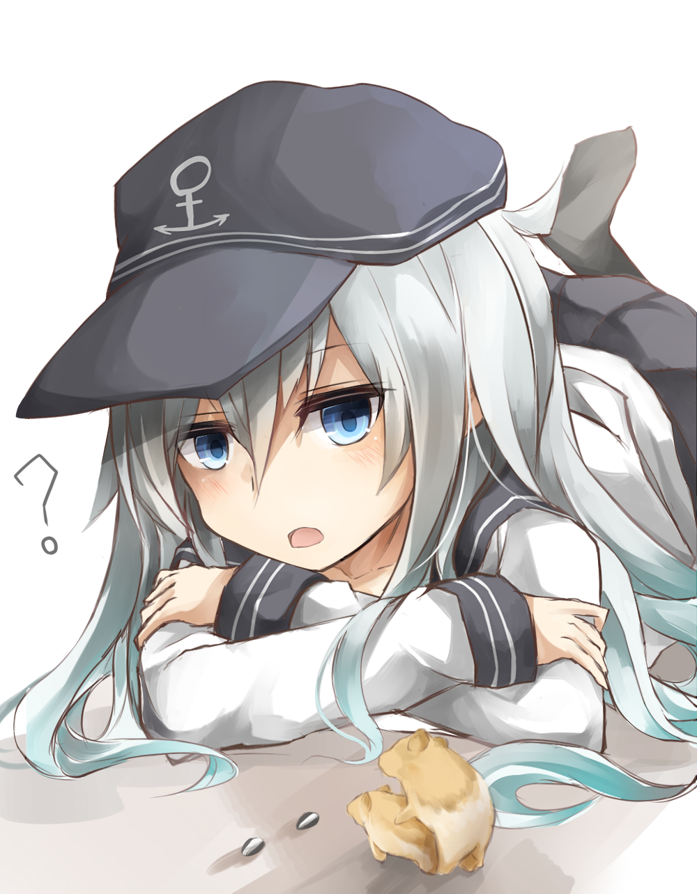>, 10s, 1girl, ?, animal, bad_id, bad_pixiv_id, blue_eyes, crossed_arms, female_focus, hamster, hat, hibiki_(kancolle), highres, kantai_collection, long_hair, lying, mating_(animal), miyabino_(miyabi1616), on_stomach, open_mouth, pantyhose, school_uniform, serafuku, silver_hair, solo
