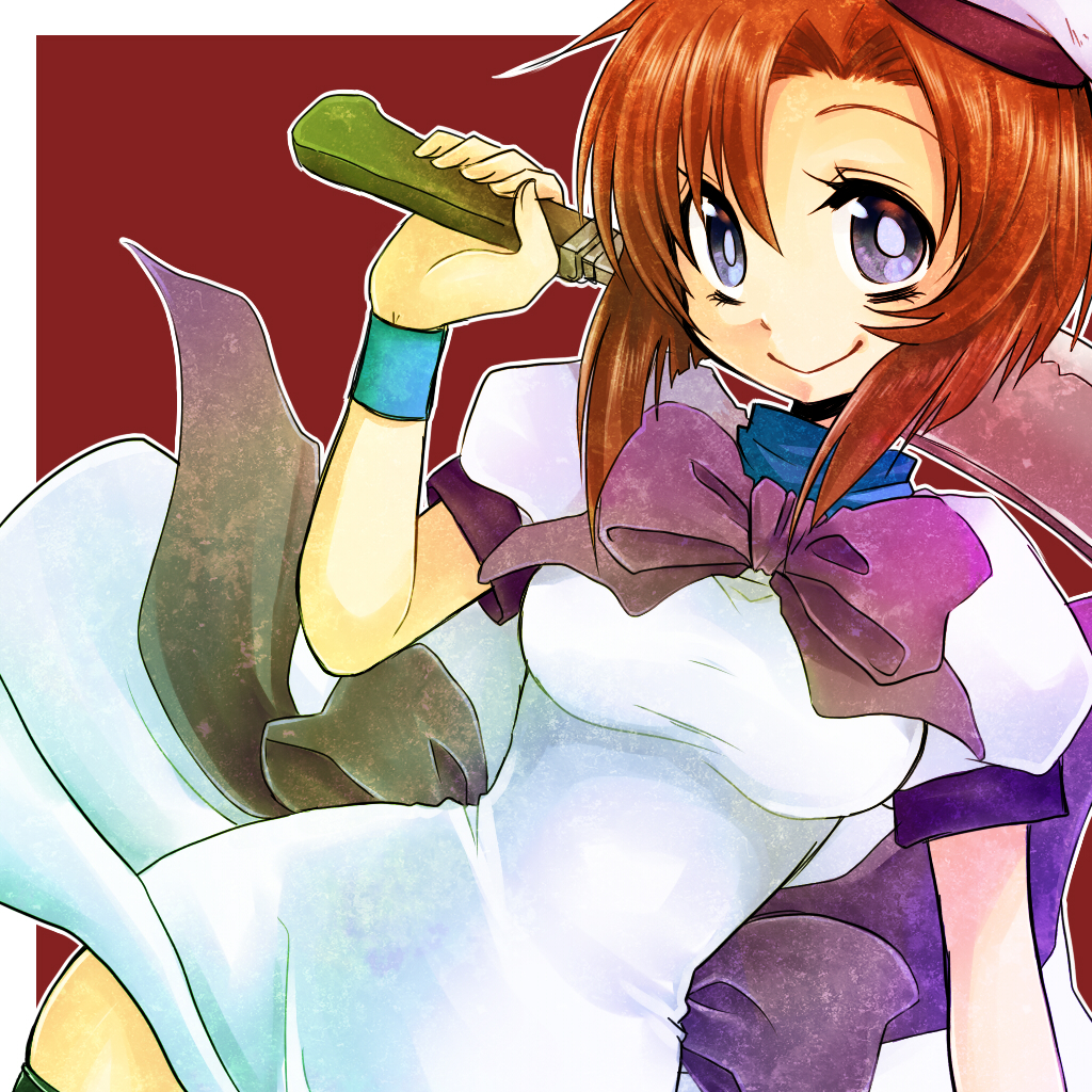 1girl, beret, blue_eyes, bow, breasts, cleaver, dress, female_focus