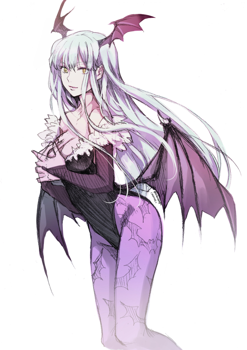 1girl, animal_print, artist_name, bare_shoulders, bat_print, breasts, cleavage, demon_girl