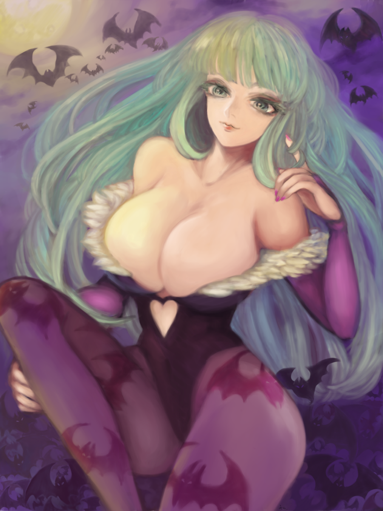 1girl, animal_print, aqua_eyes, aqua_hair, bad_id, bad_pixiv_id, bare_shoulders, bat_(animal), bat_print, blunt_bangs, breasts, cleavage, clothing_cutout, colored_eyelashes, female_focus, green_eyes, green_hair, twirling_hair, heart, heart_cutout, highleg, highleg_leotard, ich., large_breasts, leotard, long_hair, matching_hair/eyes, moon, morrigan_aensland, nail_polish, night, missing_wings, pantyhose, print_pantyhose, purple_pantyhose, solo, darkstalkers, very_long_hair