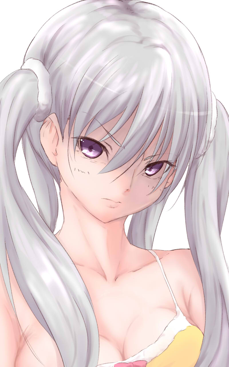 10s, 1girl, bakemonogatari, breasts, cleavage, commentary_request, female_focus, hair_between_eyes, highres, honest_(honenano), monogatari_(series), oikura_sodachi, owarimonogatari, scowl, solo, white_background