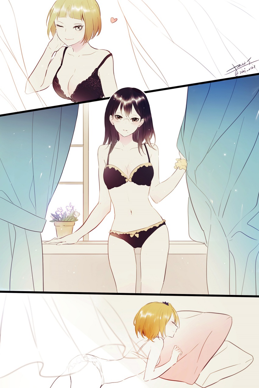 10s, 3girls, artist_name, bad_id, bad_pixiv_id, bed, black_bra, black_eyes