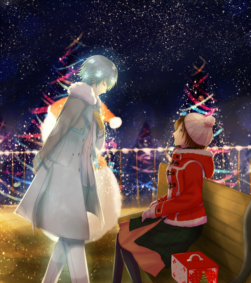 1boy, 1girl, arm_behind_back, bench, black_pantyhose, blue_hair, box, brown_eyes