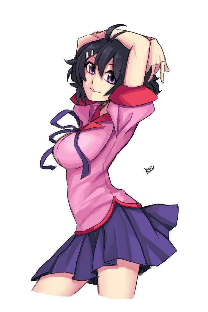 10s, 1girl, arm_on_own_head, arms_up, black_hair, breasts, cowboy_shot, female_focus