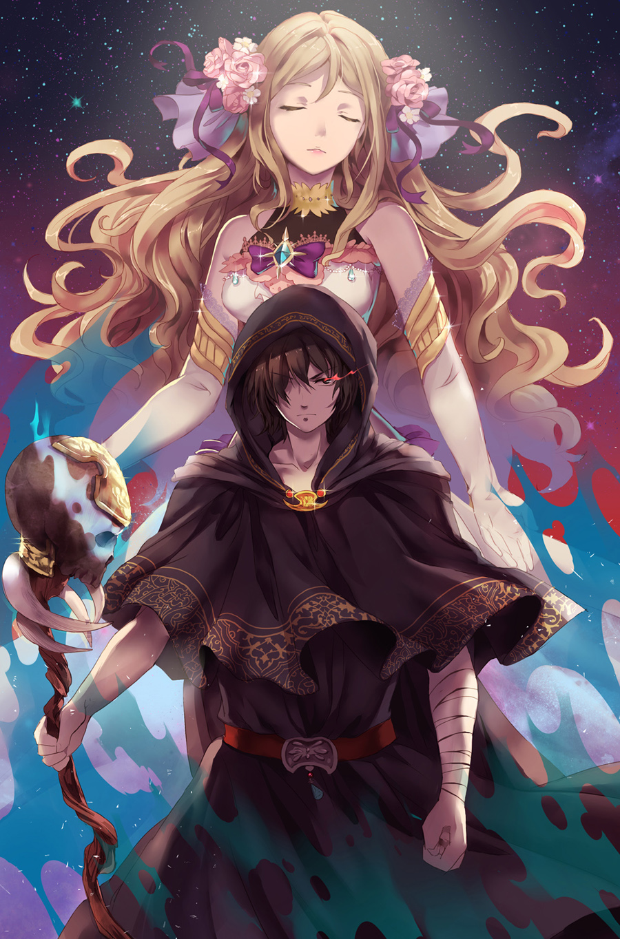 1boy, 1girl, arm_wrap, bare_shoulders, black_hair, blonde_hair, bow, cape, elbow_gloves, closed_eyes, facing_viewer, flower, gabuccc, gloves, hair_bow, hair_flower, hair_ornament, hair_over_eyes, highres, hood, mahou_yousei_kouryaku, one_eye_covered, outstretched_arms, skull, staff, white_gloves, wizard