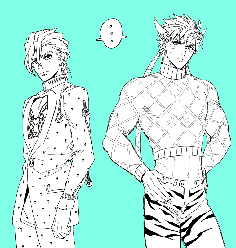 2boys, animal_print, aqua_background, bad_id, bad_pixiv_id, bruno_bucciarati, bruno_bucciarati_(cosplay), caesar_anthonio_zeppeli