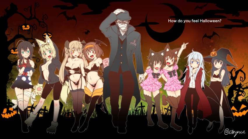 10s, 1boy, 6+girls, admiral_(kancolle), akatsuki_(kancolle), animal_ears, animal_hands, bandaged_leg