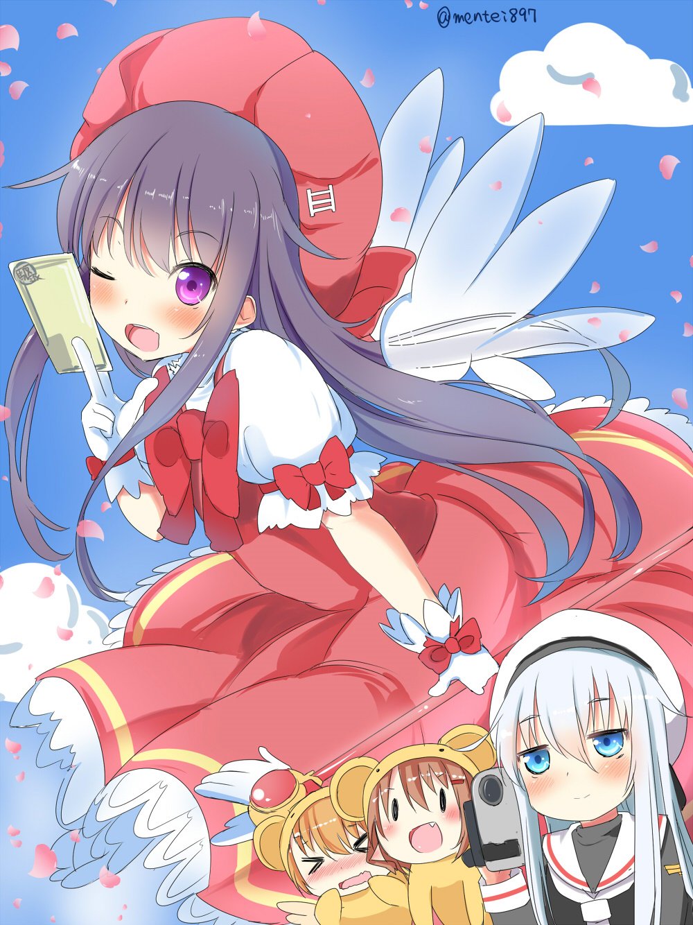 >_<, 4girls, :d, ;d, akatsuki_(kancolle), animal_costume, bad_id, bad_twitter_id