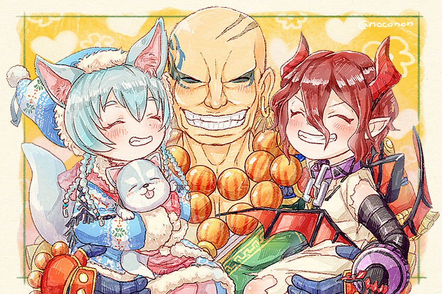 1boy, 2girls, animal, animal_ears, animal_hug, bald, benkei_(shironeko_project), blue_hair, braid, brown_hair, carrying, chain, coat, collar, demon_girl, demon_horns, demon_wings, dog, dog_ears, dog_tail, grin, hat, horns, koyomi_(shironeko_project), lucy_malebolge, multiple_braids, multiple_girls, nokonon, pointy_ears, shironeko_project, short_hair, size_difference, smile, tail, tarou_(shironeko_project), twitter_username, wings, winter_clothes, winter_coat, wolf, wolf_ears, wolf_tail