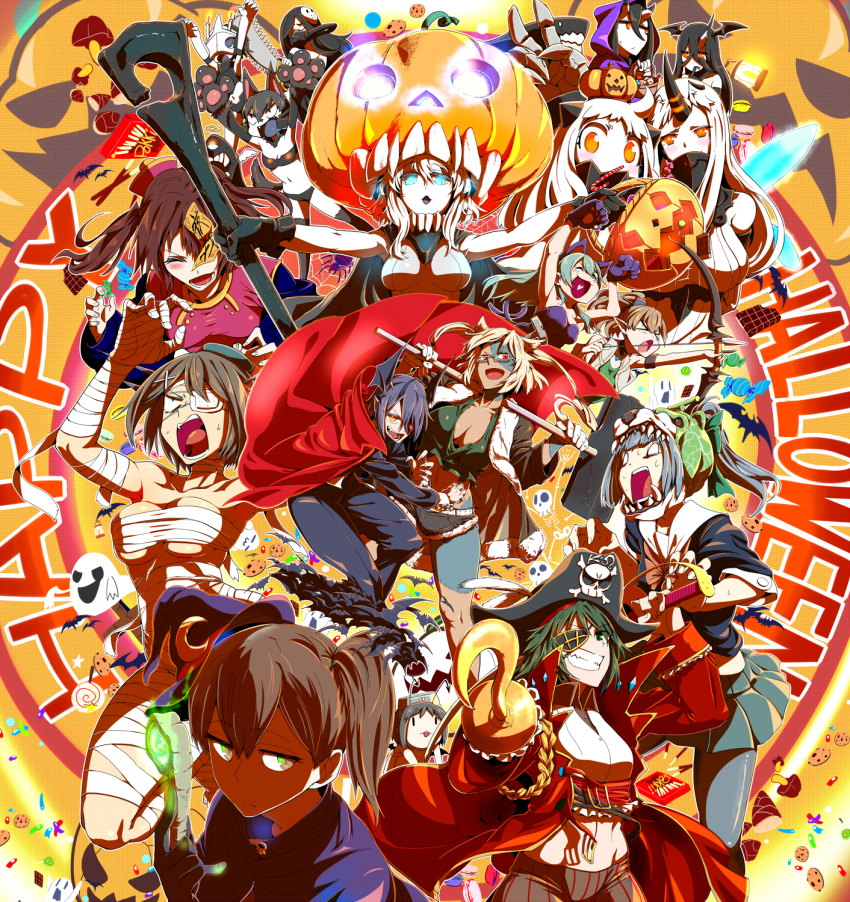 6+girls, abukuma_(kancolle), abyssal_ship, animal_costume, animal_ears, animal_hands, aqua_hair, arrow_(projectile), arthropod_girl, bandages, bat_(animal), battleship_princess, battleship_water_oni, blonde_hair, bow_(weapon), breasts, brown_hair, candy, cape, cat_ears, chainsaw, chi-class_torpedo_cruiser, claws, closed_eyes, colored_skin, cosplay, dark-skinned_female, dark_skin, diving_mask, diving_mask_on_head, dress, eyepatch, food, glasses, gloves, goggles, goggles_on_head, green_eyes, green_hair, grin, ha-class_destroyer, hair_ornament, hairclip, halloween, happy_halloween, hat, highres, hood, hook, horns, i-class_destroyer, jack-o'-lantern, jiangshi, ka-class_submarine, kaga_(kancolle), kantai_collection, kiso_(kancolle), kumano_(kancolle), large_breasts, long_hair, maru-yu_(kancolle), mask, maya_(kancolle), melon_kuma, mittens, multiple_girls, mummy, mummy_(cosplay), musashi_(kancolle), northern_ocean_princess, one-piece_swimsuit, open_mouth, outstretched_arms, pale_skin, pointy_hair, purple_hair, red_eyes, ri-class_heavy_cruiser, ryuujou_(kancolle), sarashi, school_swimsuit, school_uniform, seaport_princess, short_hair, single_horn, skirt, smile, spread_arms, suzuya_(kancolle), swimsuit, sword, tenryuu_(kancolle), torichamaru, vampire_costume, wand, weapon, white_dress, white_hair, white_one-piece_swimsuit, white_skin, wo-class_aircraft_carrier, yellow_eyes, yuubari_(kancolle)