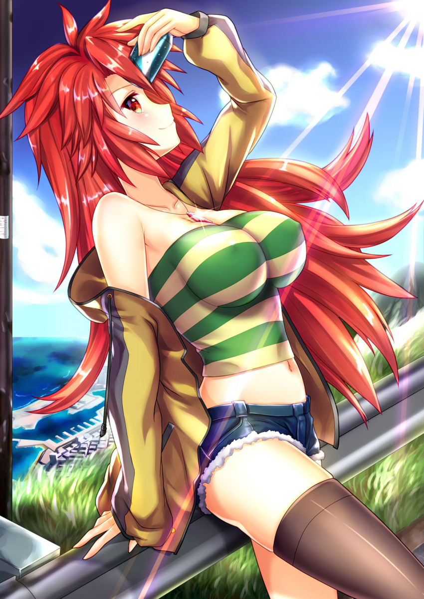 10s, 1girl, amou_kanade, arm_up, breasts, brown_thighhighs, can, covered_erect_nipples