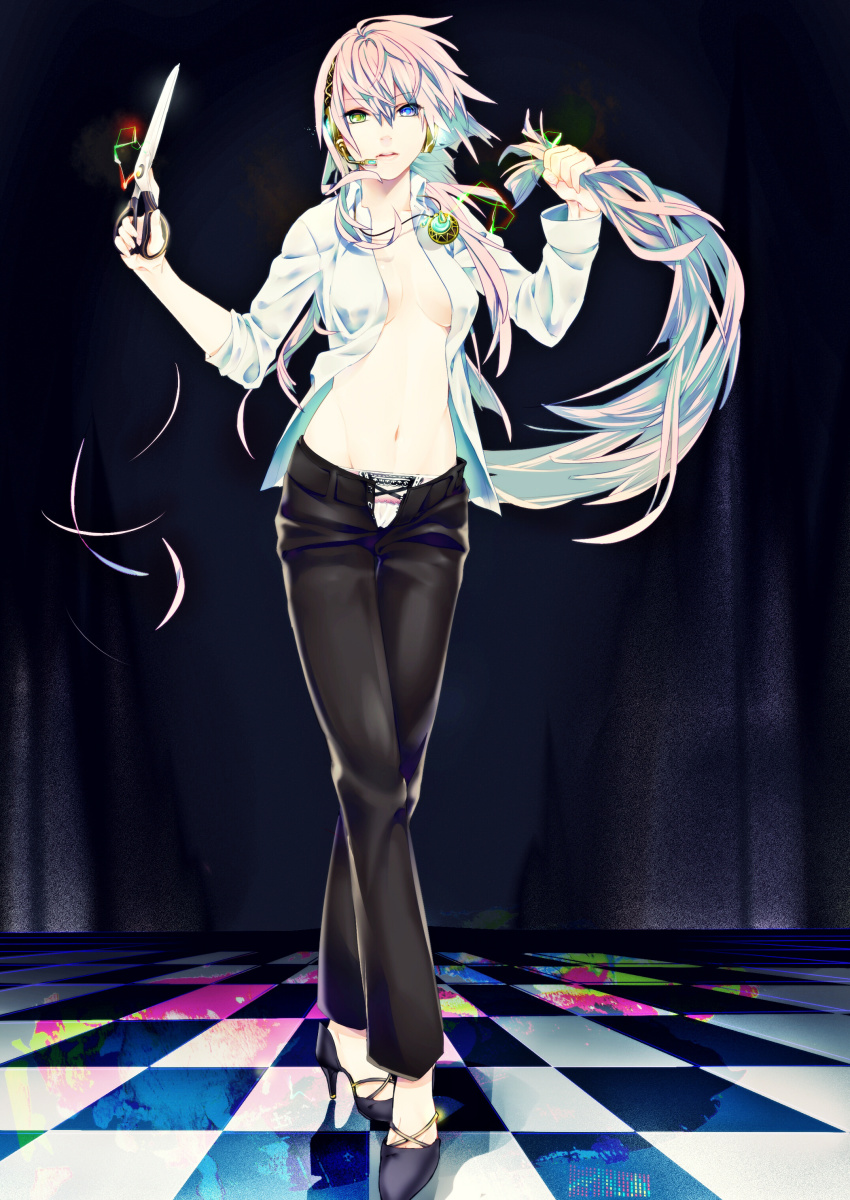 1girl, absurdres, black_pants, blue_eyes, breasts, cleavage, collared_shirt, crossed_legs