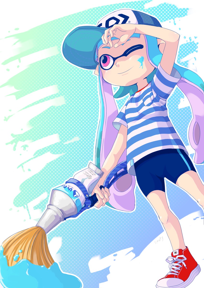 1girl, absurdres, baseball_cap, bike_shorts, female_focus, hat, highres, inkbrush_(splatoon)