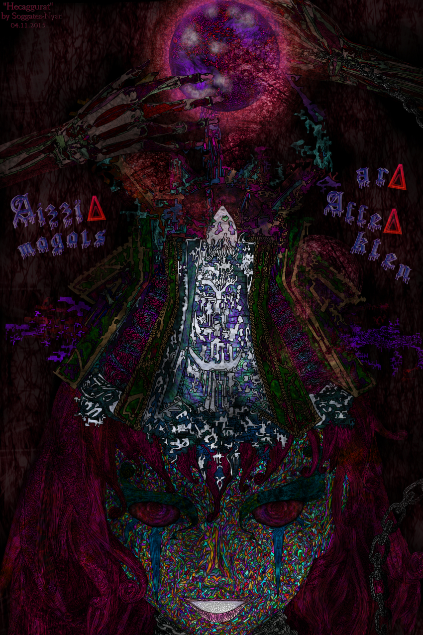 1girl, absurdres, artist_name, bone, chain, check_translation, collar, commentary, crossover, dark, dark_persona, evil_smile, exposed_muscle, female_focus, glowing, hecatia_lapislazuli, highres, looking_at_viewer, md5_mismatch, mosaic_art, open_mouth, ornament, red_eyes, short_hair, smile, soggates-nyan_(amurka-chan), solo, surreal, text_focus, touhou, translation_request, triangle, warcraft