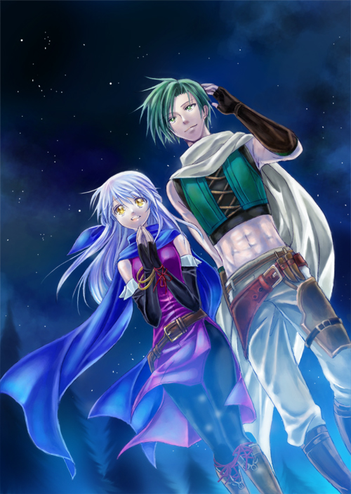 1boy, 1girl, :d, abs, arm_up, bangle, bare_shoulders, belt