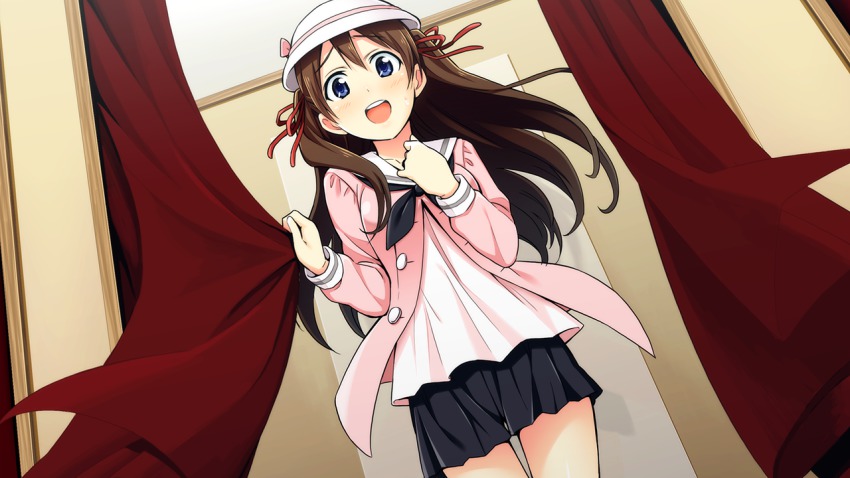 1girl, :d, alternate_costume, ascot, blue_eyes, blush, brown_hair, curtains