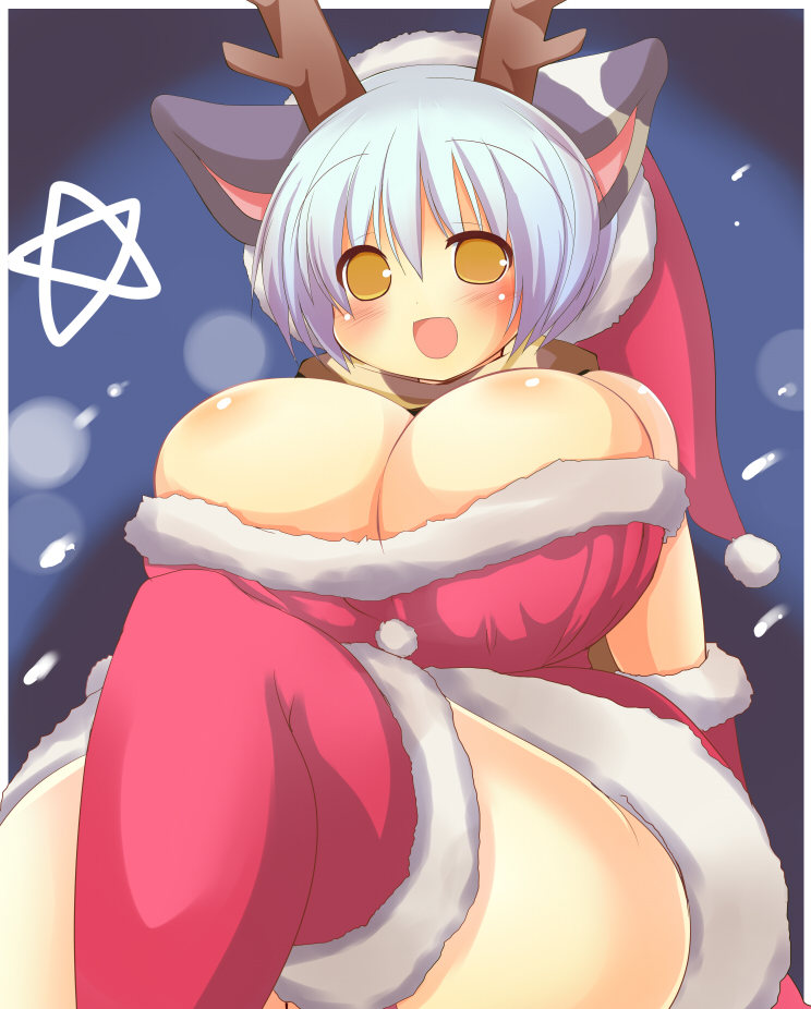 1girl, animal_ears, bare_shoulders, blush, breasts, bursting_breasts, cape, christmas, cleavage, cow_ears, cow_girl, curvy, elbow_gloves, female_focus, gloves, happy, hat, horns, huge_breasts, mimisuke_(mim'im), miniskirt, night, open_mouth, original, red_gloves, santa_costume, santa_hat, short_hair, silver_hair, sitting, skirt, smile, snow, snowing, solo, star_(symbol), thick_thighs, thighhighs, thighs, wide_hips, yellow_eyes