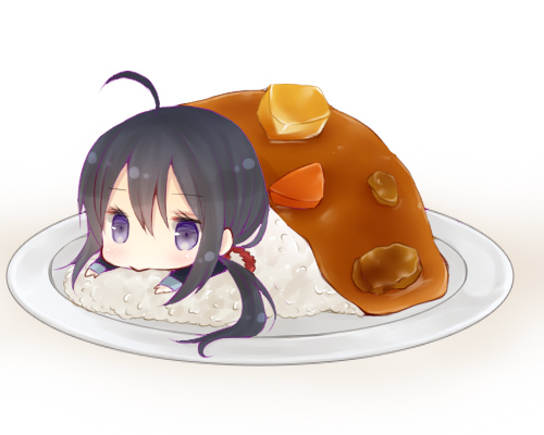 10s, 1boy, ahoge, black_hair, chibi, curry, curry_rice, food