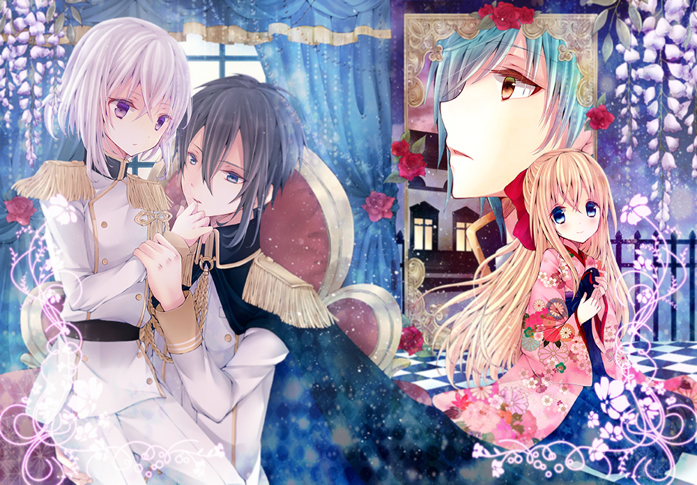 10s, 4boys, aqua_hair, black_hair, blonde_hair, blue_eyes, bow, cape, checkered_floor, curtains, epaulettes, flower, hair_bow, hakama, hakama_skirt, honebami_toushirou, ichigo_hitofuri, japanese_clothes, male_focus, midare_toushirou, mikazuki_munechika, military, military_uniform, momichika, multiple_boys, profile, purple_eyes, rose, sandals, single_sandal, skirt, smile, touken_ranbu, trap, white_hair, wisteria, yellow_eyes