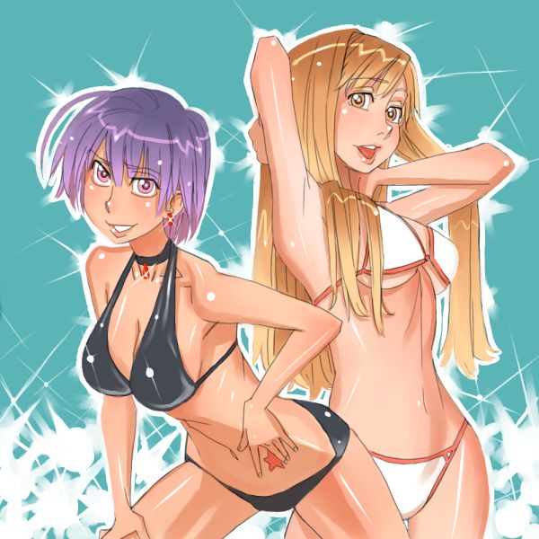 2girls, bikini, blonde_hair, breasts, earrings, higurashi_no_naku_koro_ni, jewelry, long_hair, looking_at_viewer, mamiya_rina, multiple_girls, navel, open_mouth, orange_eyes, pink_eyes, purple_hair, rina_mamiya, short_hair, simple_background, smile, swimsuit, takano_miyo, tattoo, white_bikini, zenkou