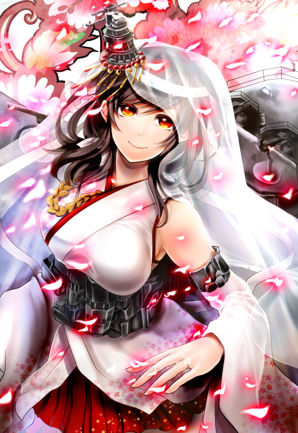 10s, 1girl, anti-aircraft, anti-aircraft_gun, bare_shoulders, black_hair, breasts, bridal_veil, cannon, cherry_blossoms, detached_sleeves, female_focus, floral_print, hair_ornament, headband, highres, japanese_clothes, jewelry, kantai_collection, large_breasts, nontraditional_miko, obi, petals, red_eyes, ring, sash, ship_turret, short_hair, skirt, smile, solo, veil, wedding_band, wedding_ring, yamashiro_(kancolle), yamashiro_kai_ni_(kancolle), yuri_chikao
