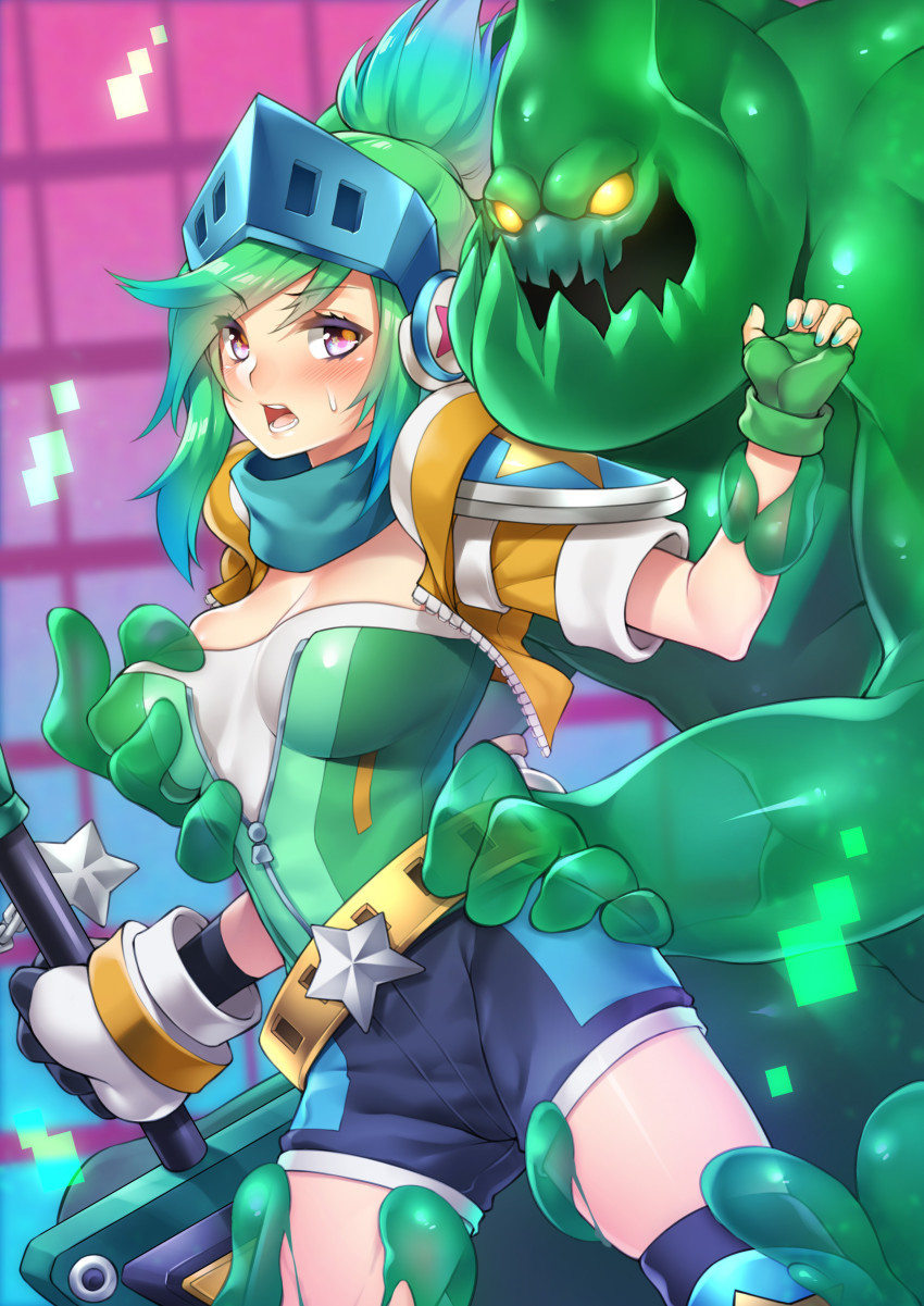 1girl, absurdres, arcade_(league_of_legends), breasts, cleavage, fingerless_gloves, fuya_(tempupupu), gloves, grabbing_another's_breast, green_hair, groping, highres, league_of_legends, monster, monster_boy, nail_polish, riven_(league_of_legends), shorts, slime, slime_boy, zac_(league_of_legends)