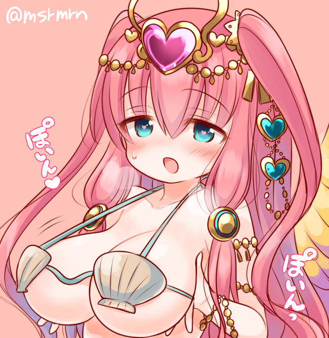 1girl, armlet, bad_id, bad_pixiv_id, bikini, blue_eyes, blush, bracelet, breast_hold, breasts, circlet, female_focus, hair_ornament, halterneck, heart, heart-shaped_pupils, heart_hair_ornament, heavy_breathing, jewelry, large_breasts, long_hair, meopun_(meopen429), pink_background, pink_hair, puzzle_&amp;_dragons, shell, shell_bikini, solo, sweatdrop, symbol-shaped_pupils, twitter_username, two_side_up, venus_(p&amp;d)