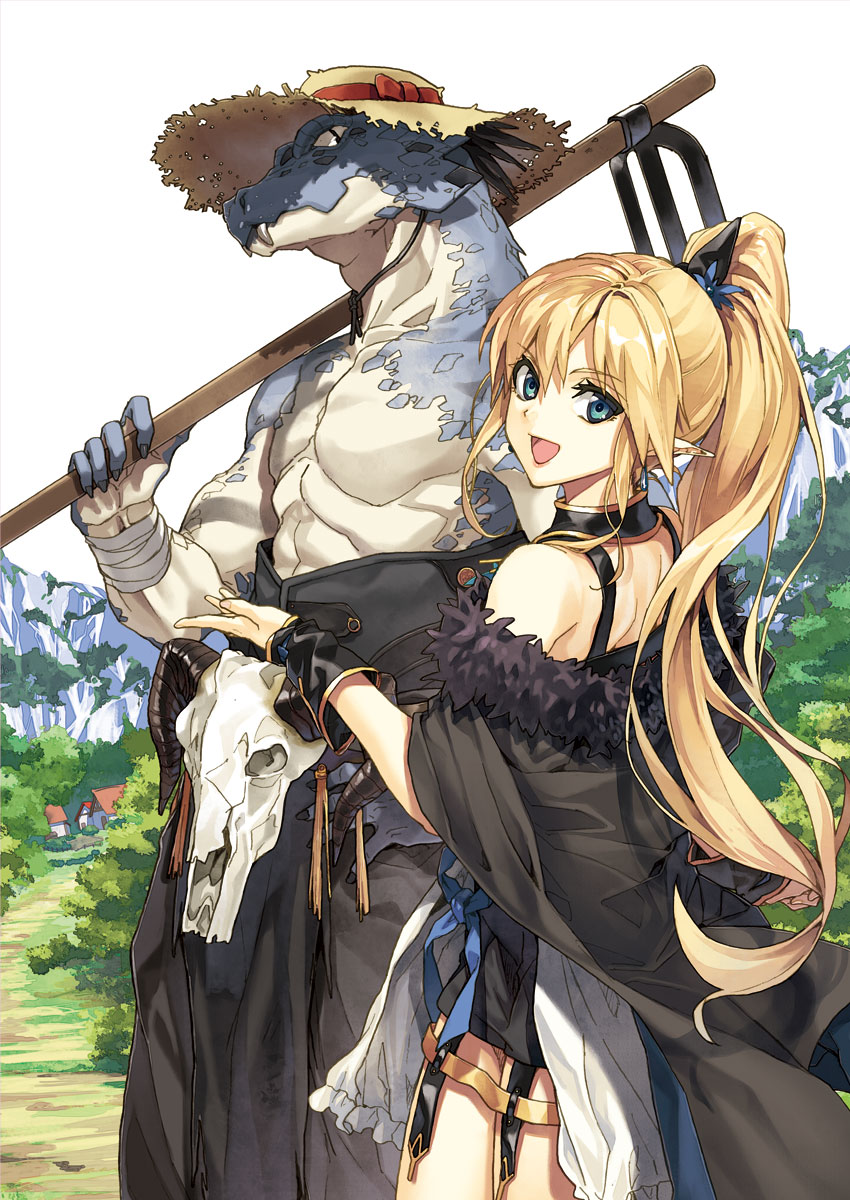 1girl, :d, badge, bandages, black_cape, blonde_hair, blue_eyes, bow, bush, cape, choker, copyright_request, cowboy_shot, draconian, earrings, fangs, furry, furry_female, hair_bow, hand_on_own_hip, hat, highres, house, jewelry, lizard_man, long_hair, looking_at_viewer, luna_(reclaimed_land), monster, mountain, muscular, nature, off_shoulder, open_mouth, outdoors, pitchfork, plant, pointy_ears, ponytail, ribbon, road, scales, skull, smile, standing, straw_hat, topfreedom, topless_female, topless_male, village