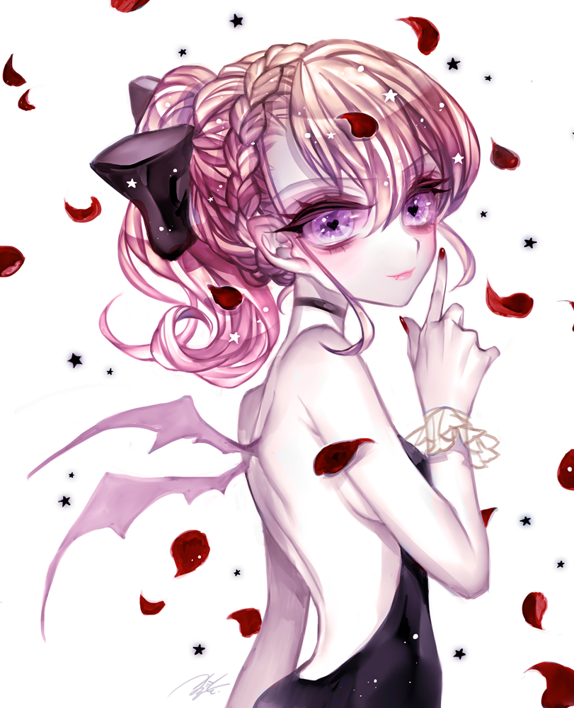 1girl, bare_back, bare_shoulders, braid, choker, demon_wings, eyelashes, fang