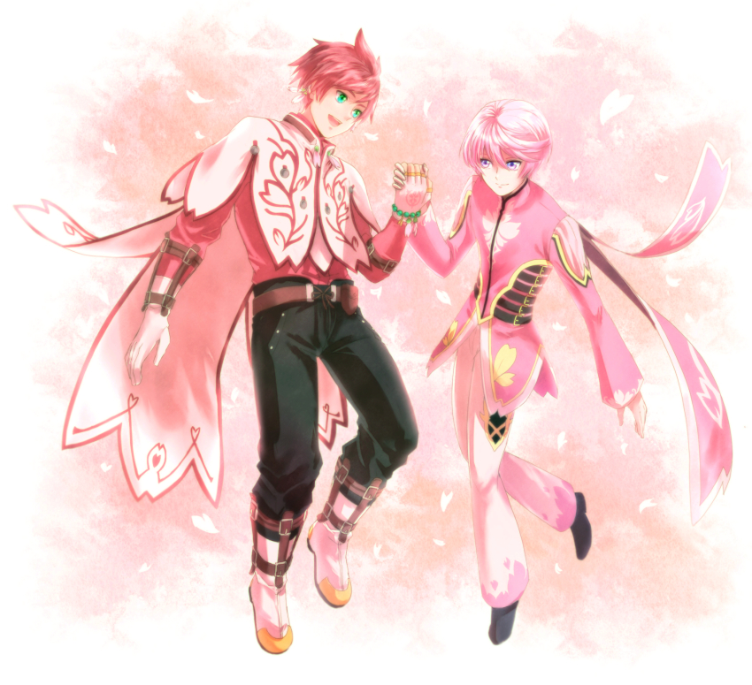 10s, 2boys, alternate_color, belt, bishounen, bodice, boots, cherry_blossoms