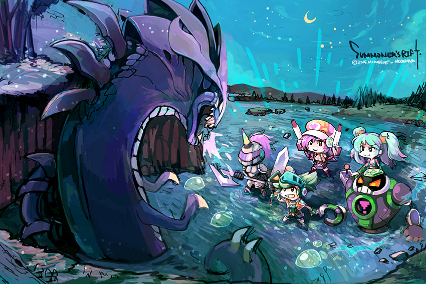 3girls, alternate_costume, arcade_(league_of_legends), blitzcrank, chibi, hecarim, league_of_legends, miss_fortune_(league_of_legends)