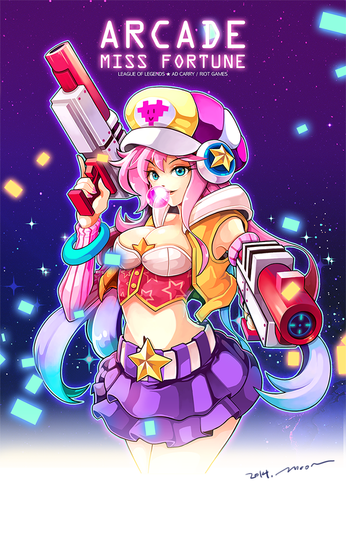 1girl, aiming, aiming_at_viewer, alternate_costume, arcade_(league_of_legends), belt, blowing_bubbles, breasts