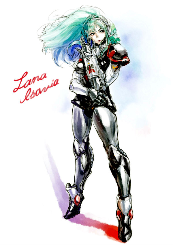 1girl, \||/, aqua_hair, armor, character_name, choujikuu_kidan_southern_cross, female_focus, gmp, green_hair, headgear, lana_isavia, long_hair, looking_away, marker_(medium), military, military_uniform, multicolored_hair, realistic, redesign, science_fiction, shadow, simple_background, solo, third-party_edit, traditional_media, xxzero