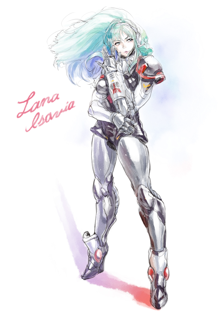 1girl, \||/, aqua_hair, armor, character_name, choujikuu_kidan_southern_cross, emblem, female_focus