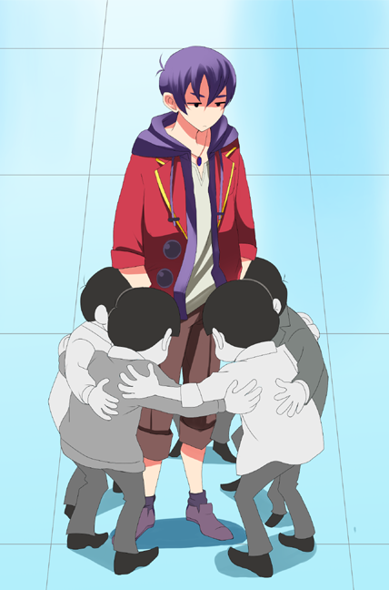 10s, 5boys, brothers, f6_(osomatsu-san), hands_in_pockets, height_difference, hood, hoodie, huddle, inuyama_no_boru, jitome, male_focus, matsuno_choromatsu, matsuno_ichimatsu, matsuno_karamatsu, matsuno_osomatsu, matsuno_todomatsu, monochrome, multiple_boys, osomatsu-kun, osomatsu-san, osomatsu_(series), pants, pants_rolled_up, purple_hair, role_reversal, school_uniform, shaded_face, siblings, size_difference