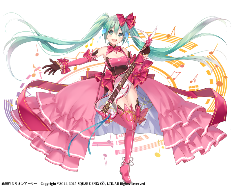 1girl, aqua_eyes, aqua_hair, bare_shoulders, beamed_quavers, breasts, brown_gloves, cleavage