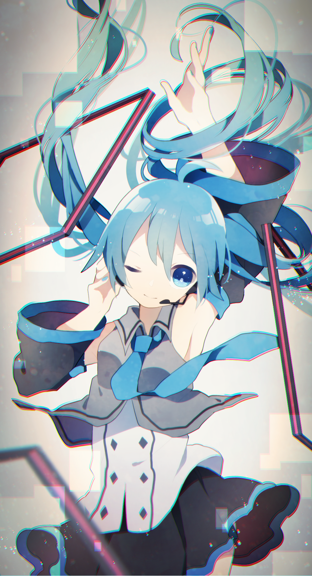 1girl, ahoge, blue_eyes, blue_hair, blue_nails, female_focus, hatsune_miku, headset