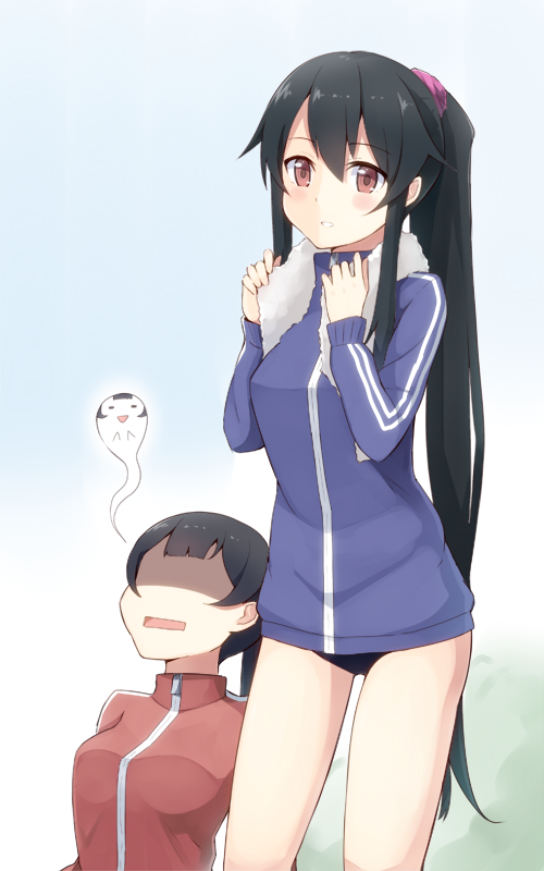 10s, 2girls, :d, agano_(kancolle), alternate_costume, alternate_hairstyle, black_hair, breasts