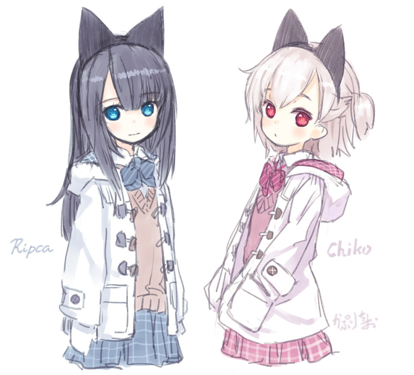 2girls, :o, :|, argyle, bad_id, bad_pixiv_id, black_bow, black_hair