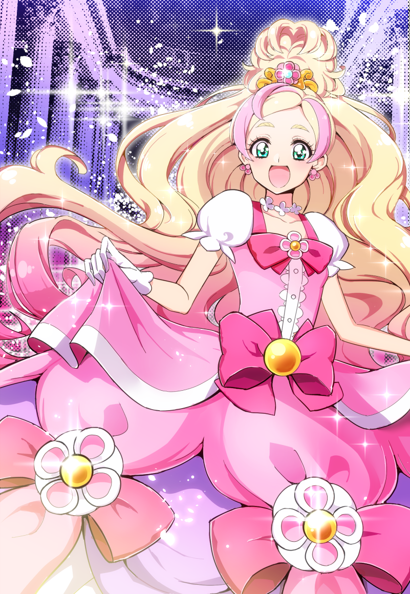1girl, :d, blonde_hair, bow, brooch, cure_flora, cure_flora_(mode_elegant), dress, dress_bow, dress_flower, earrings, female_focus, flower, flower_earrings, gloves, go!_princess_precure, green_eyes, happy, haruno_haruka, jewelry, long_hair, magical_girl, mode_elegant_(go!_princess_precure), multicolored_hair, naokado, open_mouth, pink_bow, pink_dress, pink_hair, precure, smile, solo, streaked_hair, two-tone_hair, very_long_hair, waist_bow, white_gloves