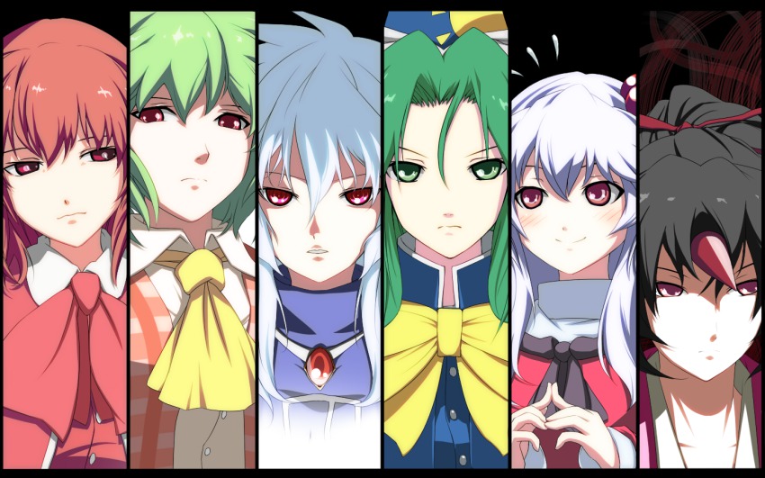 6+girls, ascot, black_hair, blush, bow, brooch, green_eyes, green_hair