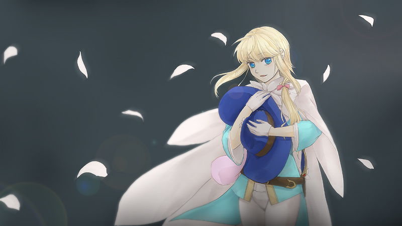 1boy, akemori_kiko, androgynous, belt, blonde_hair, blue_coat, blue_eyes, blue_hat, bow, cape, chevalier_d'eon_(fate), coat, fate/grand_order, fate_(series), frilled_sleeves, frills, gloves, grey_background, hair_bow, hair_over_shoulder, half_gloves, hat, hat_feather, holding, holding_unworn_clothes, holding_unworn_hat, lens_flare, looking_at_viewer, male_focus, petals, ponytail, red_bow, sidelocks, simple_background, solo, trap, unworn_hat, unworn_headwear, white_gloves